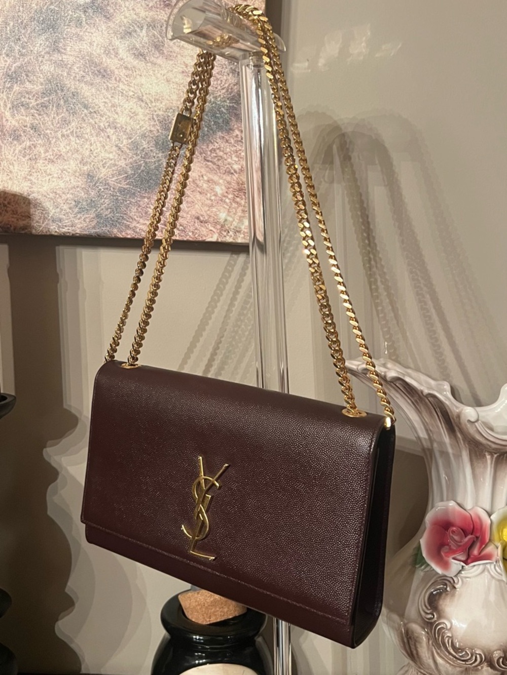 Yves Saint Laurent Chocolate Brown Leather Shoulder Bag with Gold Chain